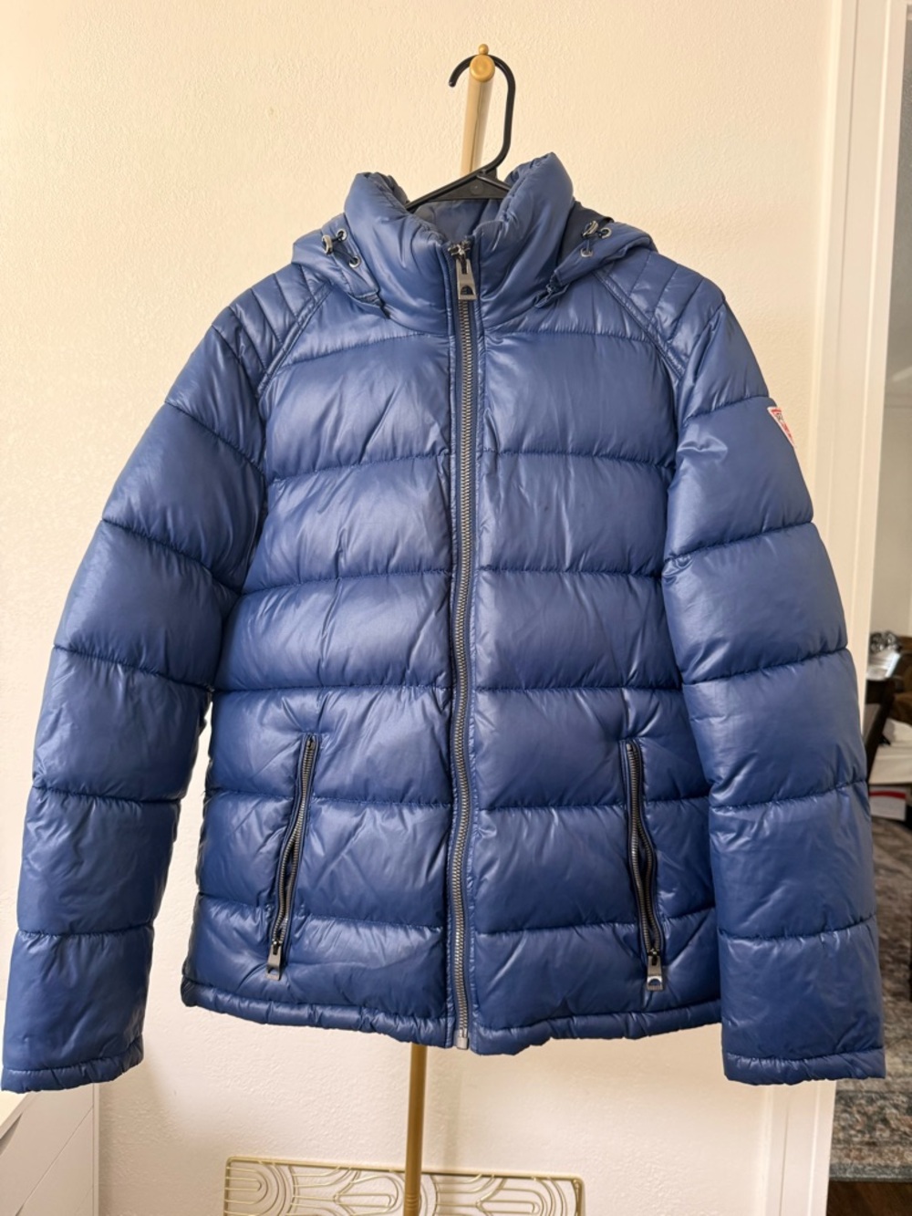 GUESS Puffer Jacket Hooded Blue Small Lightweight Bubble Coat Zip Up Winter